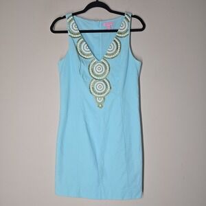 Lilly Pulitzer Gabby Shift Dress Womens Size 6 Teal Blue Beaded Embroidered